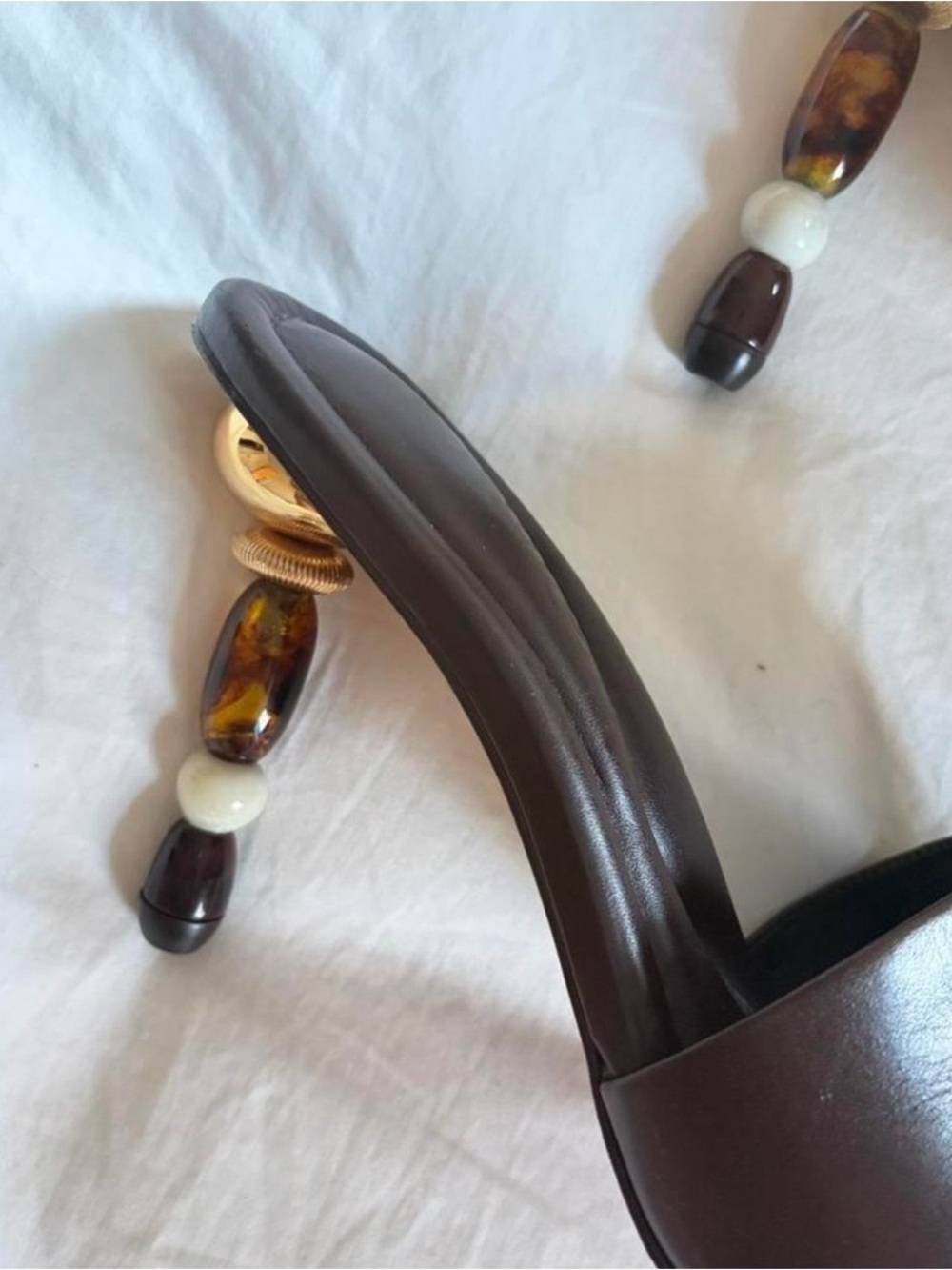 cult gaia Dark Brown Slide Heels with Gold and Cream Beaded Heel - Picture 3 of 4